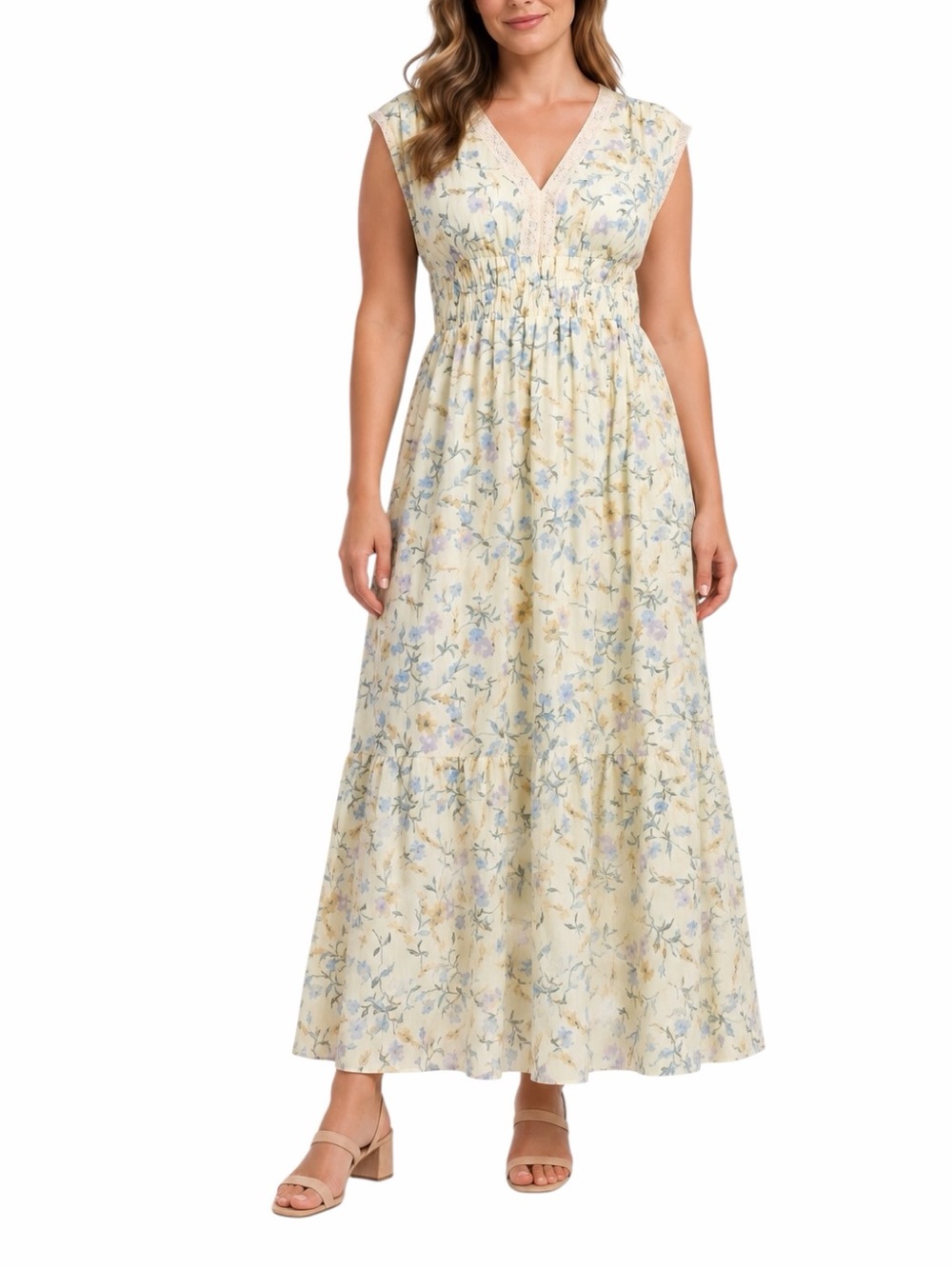 Taylor Maxi Dress 16W Yellow Floral Cotton Lace Smocked Waist NWT Cottagecore